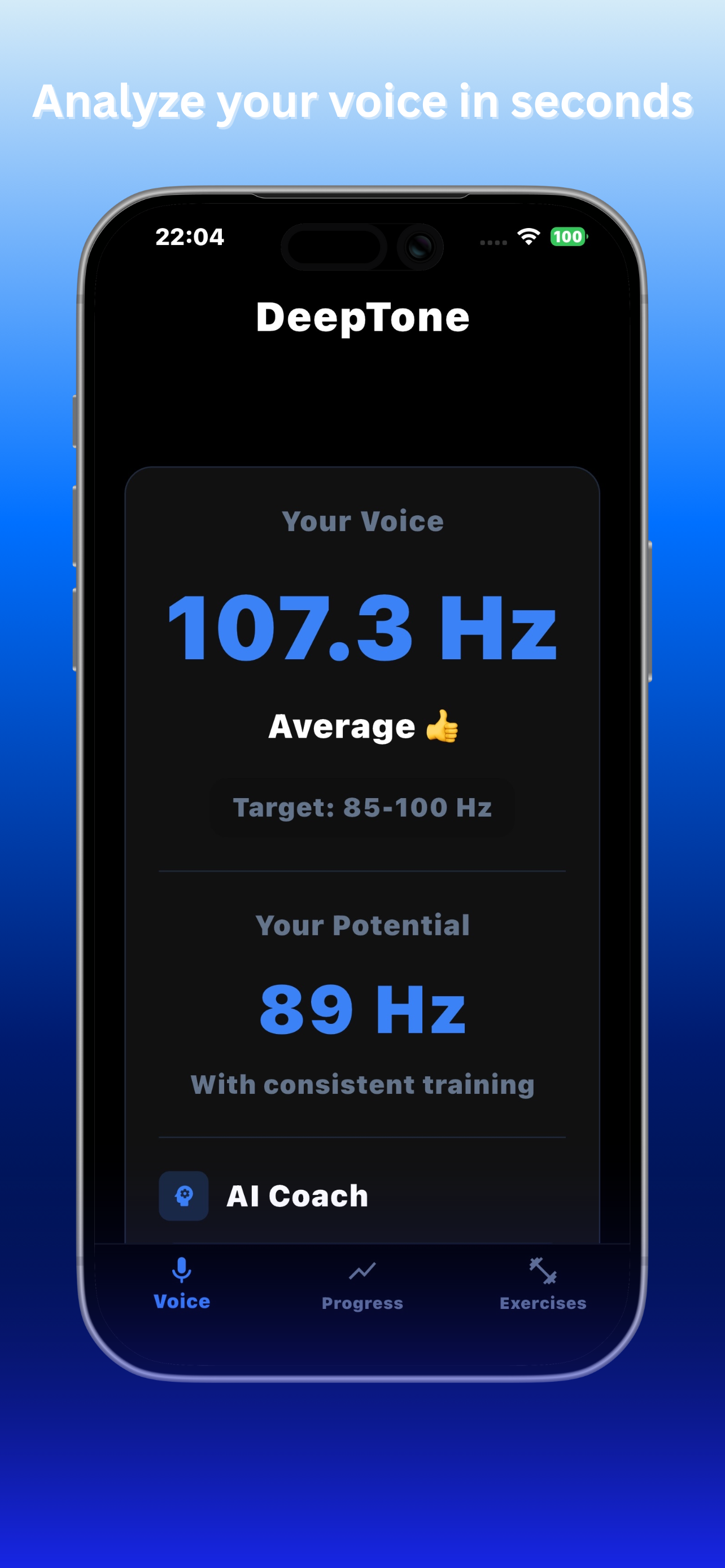 DeepTone app showing voice pitch analysis